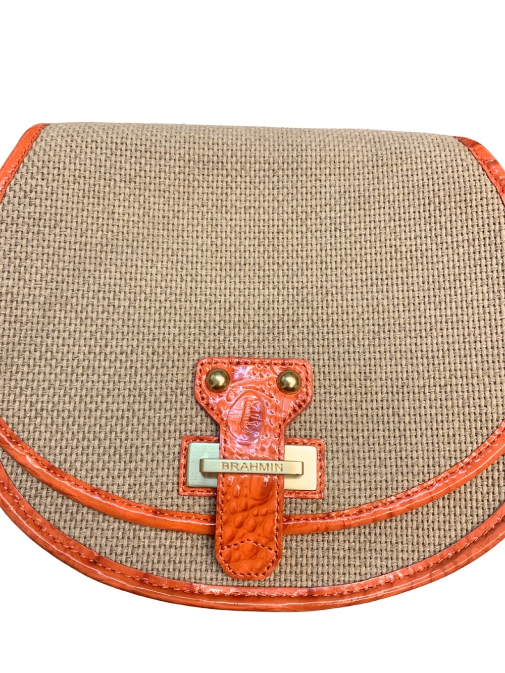 BRAHMIN Orange Leather Tan Raffia Crossbody Saddle Bag Coastal Nautical Preppy - Picture 2 of 10